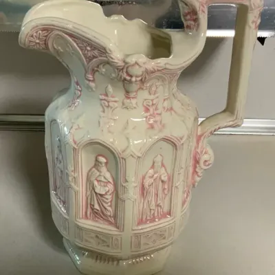 Vintage Ornate Roman Revival Ceramic Water Pitcher – Cream & Pink Classical Figural Design