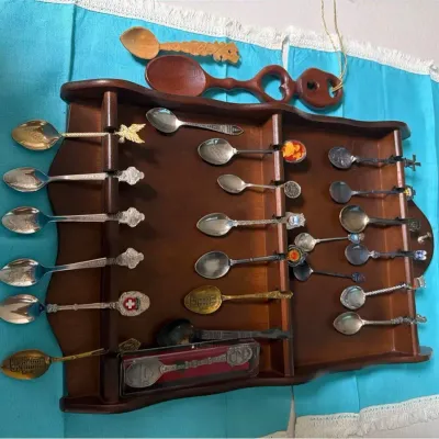 Vintage Souvenir Spoon Collection with Wooden Display Rack