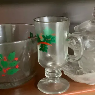 Vintage Holiday Glassware & Frosted Serving Pieces – Holly Bowl, Mug & Decorative Glass