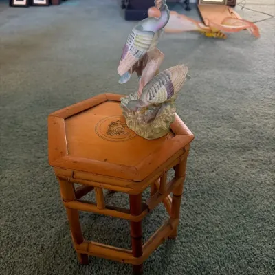 Vintage Ucagco Japan Porcelain Bird Figurine on Bamboo Accent Table