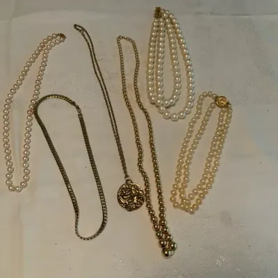 Vintage Faux Pearl & Gold-Tone Necklace Lot with Lion Medallion