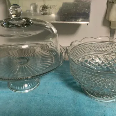 Vintage Clear Glass Cake Stand with Dome & Cut Glass Serving Bowl