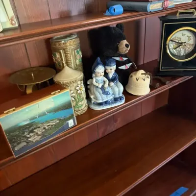 Vintage Decorative Collectibles Lot – Porcelain Figurine, Bear, Clock & Keepsakes