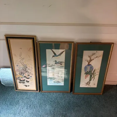 Set of 3 Framed Asian-Inspired Floral & Bird Prints – Gold-Tone Frames
