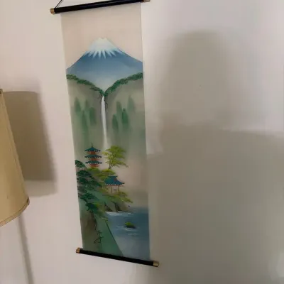 Vintage Asian Scenic Wall Scroll – Mt. Fuji, Waterfall & Pagoda Landscape
