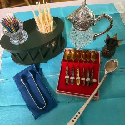 Vintage Serving & Entertaining Lot – Enamel Spoons, Tongs & Crystal Pitcher