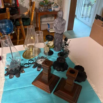 Assorted Candle Holders & Decorative Accent Lot – Glass Chimneys, Wood & Metal