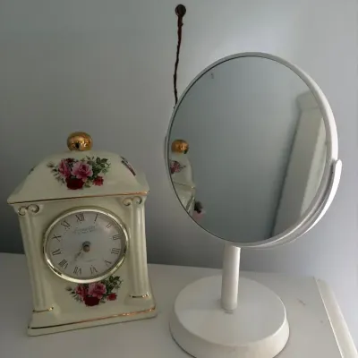 Vintage Formalities by Baum Bros. Floral Porcelain Mantel Clock & Vanity Mirror
