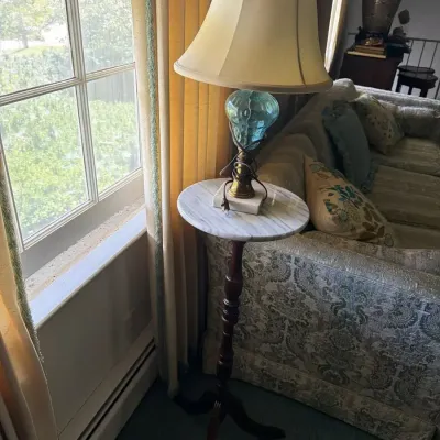 Vintage Marble-Top Pedestal Side Table with Blue Glass Table Lamp