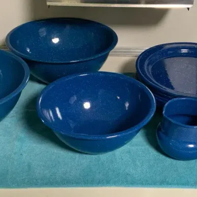 Vintage Blue Speckled Enamelware Dinnerware Set with Plates, Bowls & Serving Pieces