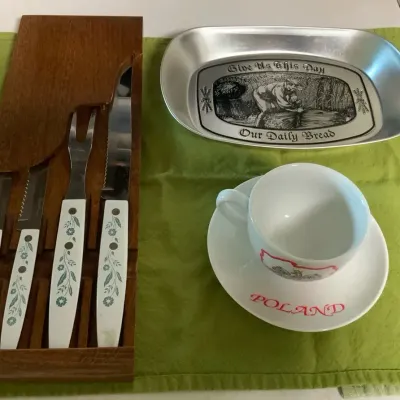 Vintage Kitchen Serving & Utensil Lot – Floral Flatware, Bread Tray & Poland Cup