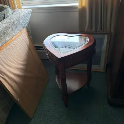 2 Heart-Shaped Wood Accent Table with Glass Top & Lower Shelf