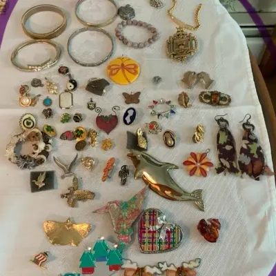 Large Assorted Vintage Costume Jewelry Lot with Brooches, Bracelets, Pendants & Earrings