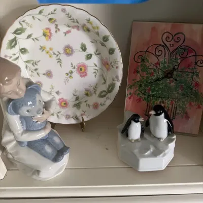 Porcelain Collectibles – Floral Plate, Girl with Bunny & Andrea by Sadek Penguins
