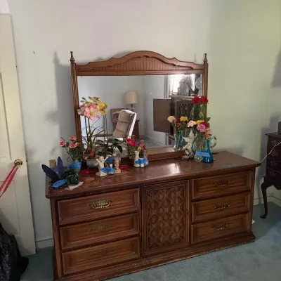 Dresser and mirror only Vintage Ornate Wood Dresser with Large Matching Mirror