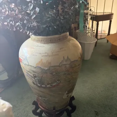 Large Asian Porcelain Scenic Floor Vase/Urn with Carved Wood Stand