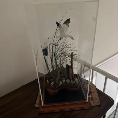 Striking decorative wildlife sculpture featuring two white wading birds in flight over a detailed ma