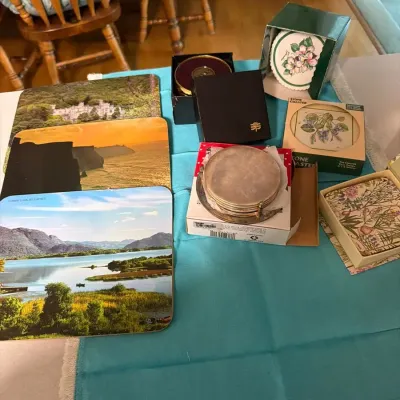 Vintage Coaster & Decorative Desk Accessory Lot – Floral, Scenic & Metal Pieces
