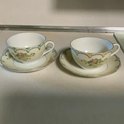 Antique Noritake Hand Painted Floral Teacups & Saucers – Set of 2