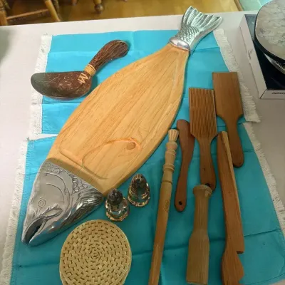 Vintage Kitchen Utensil & Serving Lot – Fish Cutting Board, Wooden Tools & Salt/Pepper