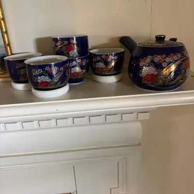 Japanese Cobalt Blue Porcelain Tea Set – Teapot & 5 Cups – Floral & Bird Design