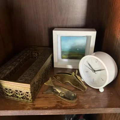 Vintage Brass Fish Décor, Ornate Trinket Box, Clock & Framed Art