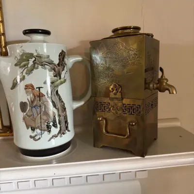 Asian Décor Lot – Porcelain Longevity Teapot & Brass Beverage/Tea Dispenser
