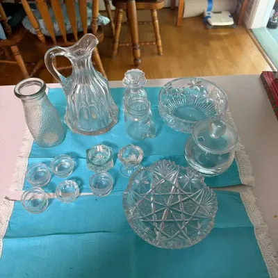 Vintage Clear Glass & Crystal Lot – Pitcher, Decanter, Bowls & Candle Holders
