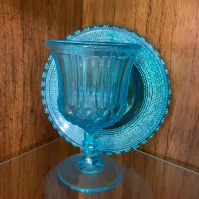 Vintage Blue Glass Goblets & Plates – Pressed Glass Star Pattern Set