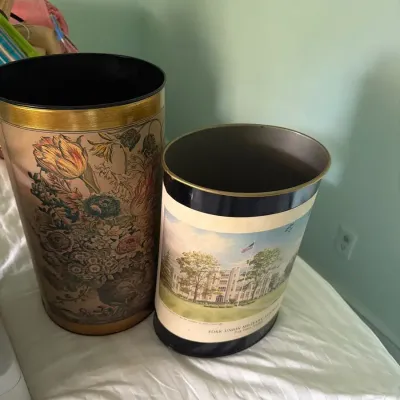 Vintage Decorative Metal Wastebaskets – Floral & Fork Union Military Academy – Set of 2