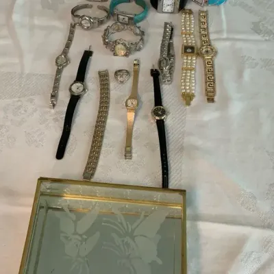 Large Assorted Ladies’ Fashion Watch Lot with Glass Jewelry Box