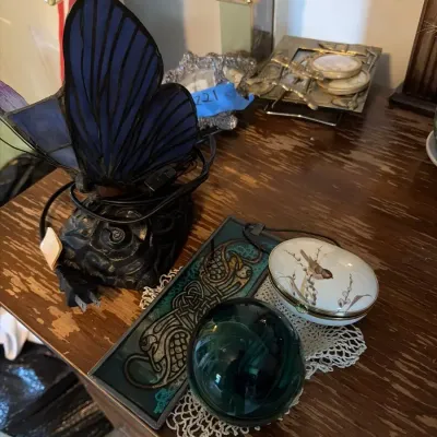 Decorative Butterfly Sculpture Lamp, Green Glass Orb & Asian-Inspired Trinket Box