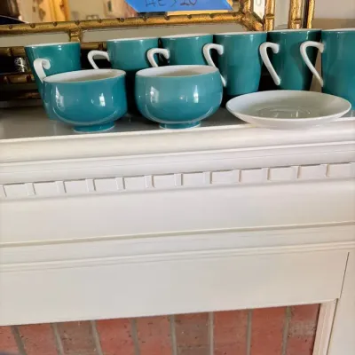 Vintage Japanese Turquoise & White Ceramic Mug and Bowl Set