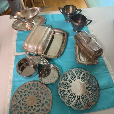 Vintage Silver-Plated Serving Pieces – Butter Dishes, Gravy Boat, Bowls & Trivets