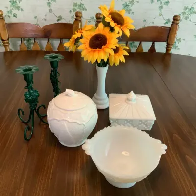 Vintage White Milk Glass & Décor Lot – Covered Dishes, Vase, Bowl & Candleholders
