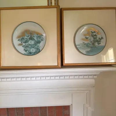 Pair of Framed Asian Porcelain Floral & Landscape Plates