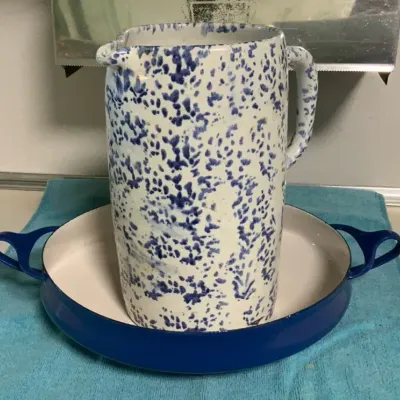 Dansk Designs France Blue Enamel Pan with Vintage Blue & White Spongeware Pitcher