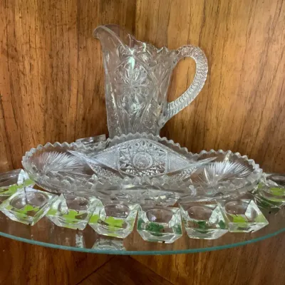 Cut Glass Crystal Serving Lot – Pitcher, Divided Dish & 12 Floral Candle Holders