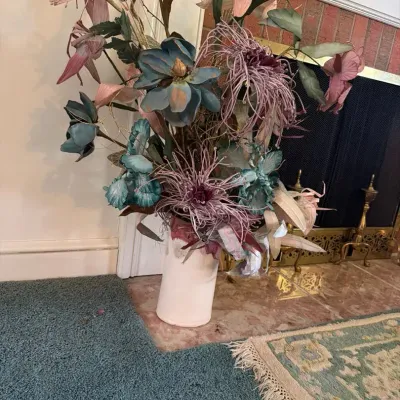 Large Decorative Silk Floral Arrangement in White Vase – Teal, Pink & Mauve