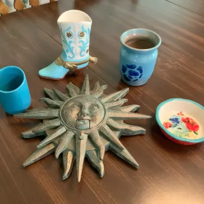 Eclectic Southwest Décor Lot – Articulated Sun Wall Hanging, Cowboy Boot Vase & Pottery