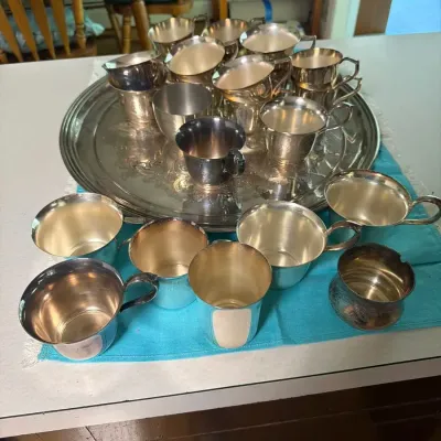 Vintage Silverplate Cup & Mug Collection with Ornate Serving Tray – Wallace & Other Makers