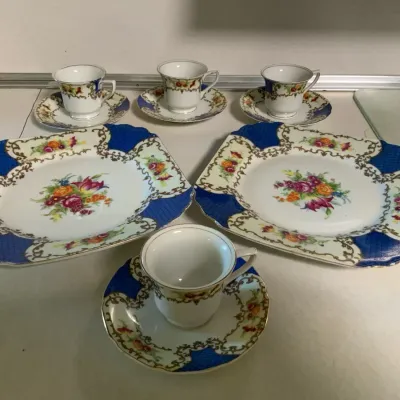 Vintage Hand-Painted Japan Floral Tea & Dessert Set – Cobalt Blue & Gold