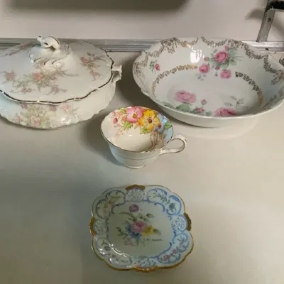 Vintage Floral China & Porcelain Serving Lot – Rosina Bone China, Hand-Painted Plate & Covered Dish