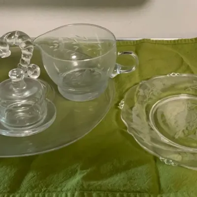 Vintage Elegant Glass Serving & Tea Lot – Etched Rose Plate, Handled Tray & Covered Dishes