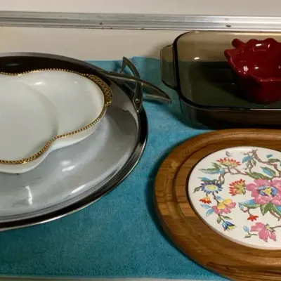 Vintage Serving Lot with Pyrex Smoky Glass Baking Dish, Fire-King & Trays