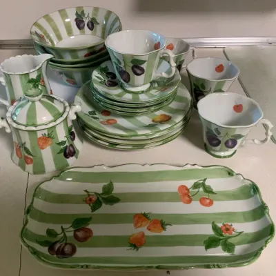 Green Striped Fruit Dinnerware & Tea Set – Plates, Bowls, Cups & Serving Pieces