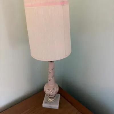 Vintage Pink Floral Ceramic Table Lamp with Marble Base & Shade