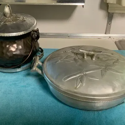 Vintage Hammered Metal Serving Set with Pyrex Divided Insert & Ice Bucket