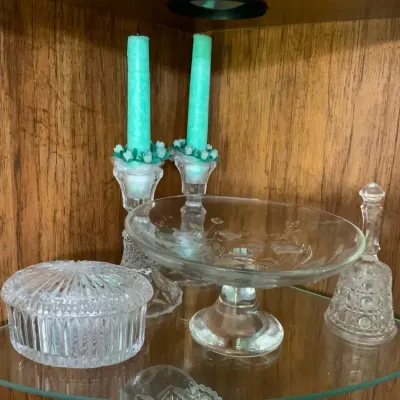 Assorted Crystal & Glass Décor Lot – Pedestal Bowl, Covered Dish, Candlesticks & Vases