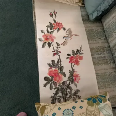 Asian Floral & Bird Watercolor Painting on Paper